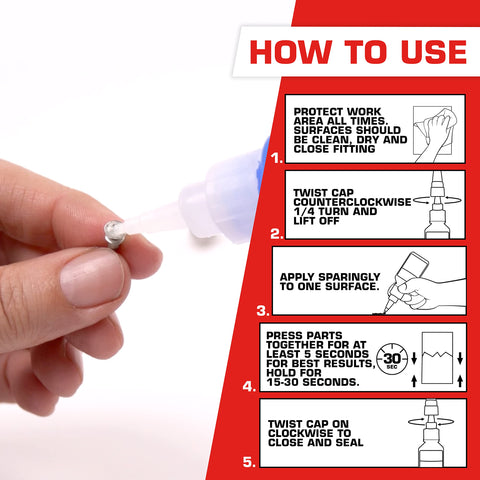 Instruction guide for Heavy Duty Super Glue for Fast, Strong Bond on Plastic, Wood, Metal and Crafts, Clear Liquid Adhesive With Quick Dry Cyanoacrylate Formula That Sets in 15 To 30 Seconds, No Clamp Required, Extra Long Pinpoint Nozzle For Precise Application, 2 Pack showing application steps.