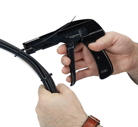 Hands using Zip Tie Gun And Cable Tie Install Tool With Adjustable Tension No Fuss Built In Cutter For Easy Cable Management Works With Nylon Ties Up To Quarter Inch Black on cables.