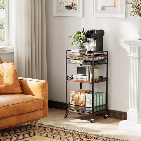 Heavy Duty 5 Tier Floor Standing Coffee Cart With Spacious Pod Storage Organizer For Kitchen Bar Station, black and brown metal frame.