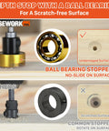 Ball bearing depth stop for scratch-free surface, showing undamaged wood vs. scratched with common stopper.