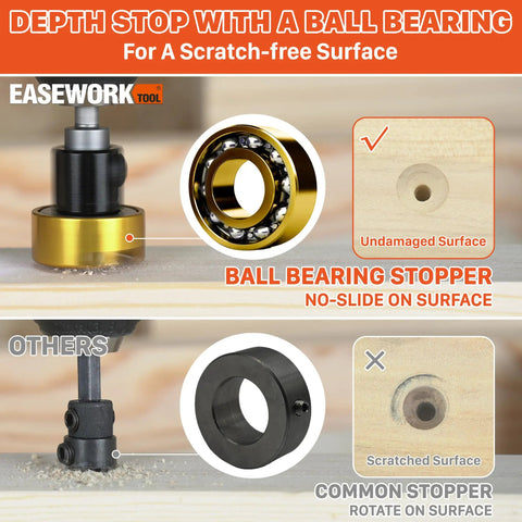 Ball bearing depth stop for scratch-free surface, showing undamaged wood vs. scratched with common stopper.