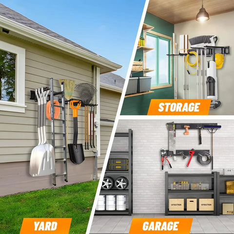 Garage Storage System With Wall Mount Tool Organizer And Heavy Duty Metal Hooks 420 Lb Capacity 32 Inch And 48 Inch Tracks Yard Rack