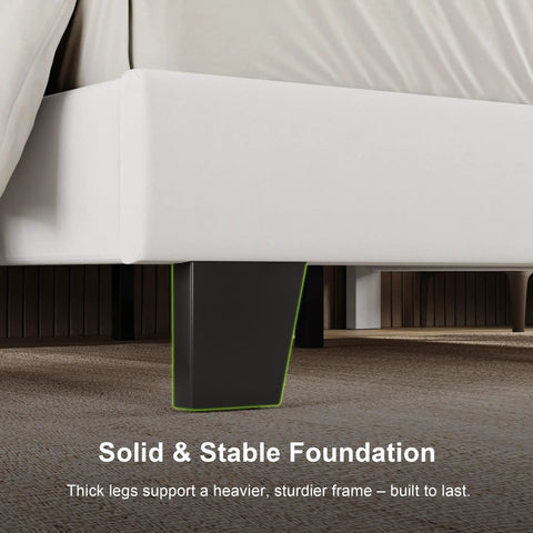 Full Size Bed Frame With Headboard White Upholstered Velvet Platform Bed Built Like A Tank With Solid Wood Slats Rock Solid Support No Box Spring Required No Fuss Setup For Modern Spaces showing solid black legs for stable support.