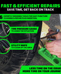 Hands using 86 Piece Tire Repair Kit For Punctures And Flats Heavy Duty Tubeless Tire Tools with gauge and knife