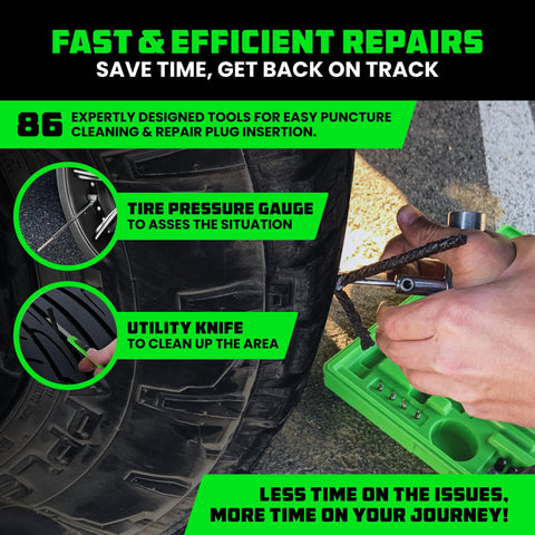 Hands using 86 Piece Tire Repair Kit For Punctures And Flats Heavy Duty Tubeless Tire Tools with gauge and knife