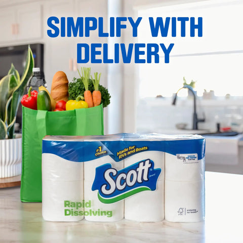 Rapid-Dissolving Toilet Paper 12 Double Rolls 1-Ply 231 Sheets Per Roll Septic-Safe Clog-Free in kitchen with groceries