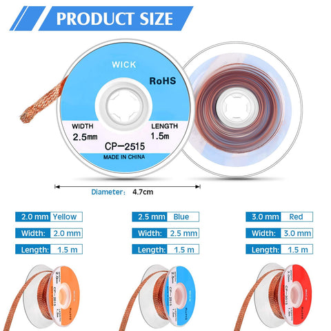 Solder Wick Desoldering Braided Solder Braid Set 1.5 Meter Length Low Residue Copper Wicks sizes 2.0mm, 2.5mm, 3.0mm shown
