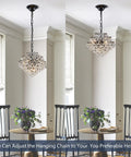 Dining room with Chrome Modern Pendant Chandelier With Crystal Raindrop Lighting, adjustable 40 inch chain, 11 inch diameter, 12 inch height.
