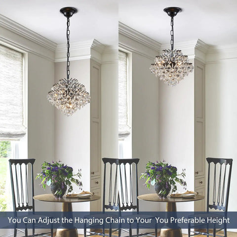 Dining room with Chrome Modern Pendant Chandelier With Crystal Raindrop Lighting, adjustable 40 inch chain, 11 inch diameter, 12 inch height.