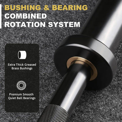 Beefy Heavy Duty 4 Foot Barbell For Strength Training And Olympic Lifts, showcasing brass bushings and bearings for smooth rotation.