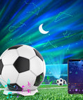 Galaxy Star Projector Night Light 4 In 1 With Bluetooth Speaker White Noise And App Control Aurora Sky Nebula Colorful Stars Moon Ceiling Projection for Bedroom features soccer-themed design with app interface display, enhancing bedroom decor.
