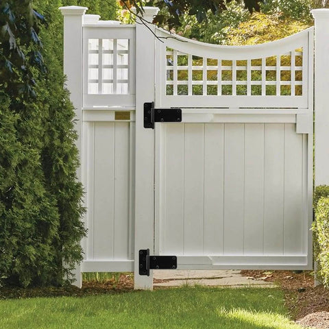 White wooden gate with 5 Inch Heavy Duty Gate Hinges 260 Lbs Capacity Black 4 Pack For Wooden Fences And Barn Doors With Screws Included.