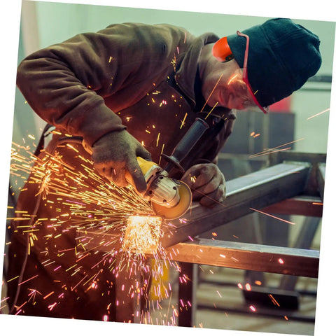 Heavy Duty Hearing Protection Earmuffs Built To Crush Nasty Workshop And Factory Noise Solid Sound Insulation headband worn by worker using a grinder.