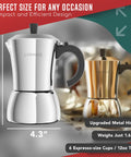 Stainless Steel Moka Pot, 6 Cup Espresso Maker For Gas, Electric Or Induction Stoves, 12oz Brew, side view, silver color.