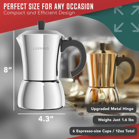 Stainless Steel Moka Pot, 6 Cup Espresso Maker For Gas, Electric Or Induction Stoves, 12oz Brew, side view, silver color.