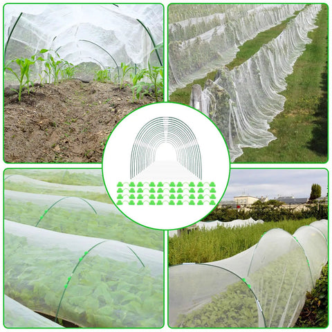 DIY Greenhouse Hoops Kit For Grow Tunnels with netting over crops in garden setup illustration and multiple views