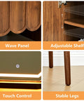 Wave Vanity Desk With Lighted Round Mirror And Modern Walnut Finish showing wave panel, adjustable shelf, touch control, and stable legs