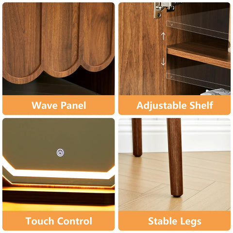 Wave Vanity Desk With Lighted Round Mirror And Modern Walnut Finish showing wave panel, adjustable shelf, touch control, and stable legs