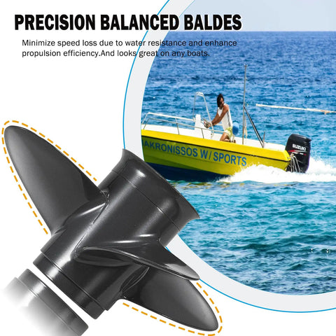 9.25 By 10 Inch Aluminum Outboard Propeller For Honda 8-20HP Right Hand 8 Spline 4 Blade OEM 58134-ZV4-010AH with boat on water
