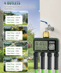 4 Zone Brass Sprinkler Timer With Rain Delay And Manual Mode Set It And Forget It Programmable Faucet Controller Four Independent Outlets For Yard Lawn And Garden Child Lock displayed with schedule settings for each zone
