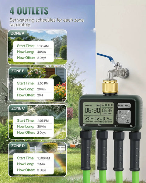 4 Zone Brass Sprinkler Timer With Rain Delay And Manual Mode Set It And Forget It Programmable Faucet Controller Four Independent Outlets For Yard Lawn And Garden Child Lock displayed with schedule settings for each zone