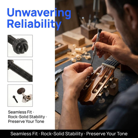 Person installing Black M2.5x18.5mm Tuner Peg Screws And Washers For Classical Guitar Machine Heads with tools on guitar.