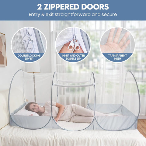 Woman lying inside Instant Pop Up Mosquito Tent For Bed And Bunk Bed Sleeping Pad Fully Enclosed Foldable Bug Net For Camping Travel Patio Outdoor One Person Screen Tent Freestanding With Two Zipper Doors No Fuss Setup.