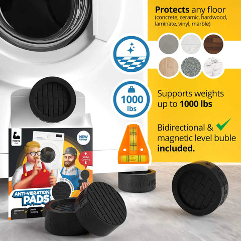 Go To Ultra Low Profile Anti Vibration Pads 4 Pack Rubber Mats with box and level tool, supports 1000 lbs, protects all floors