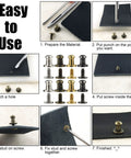 Kickass 150 Piece Punk Spikes And Rivets Kit Featuring Round Head Screw Back Construction In Silver Gold Bronze And Gunmetal Finish Tailored For Leathercraft Clothing Shoes Belts Bags And Dog Collars instructions laid out on leather.