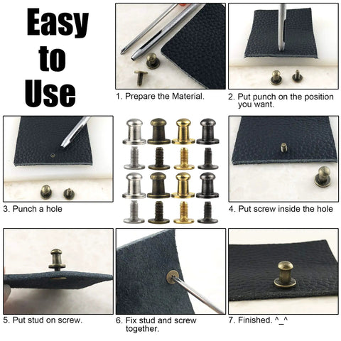 Kickass 150 Piece Punk Spikes And Rivets Kit Featuring Round Head Screw Back Construction In Silver Gold Bronze And Gunmetal Finish Tailored For Leathercraft Clothing Shoes Belts Bags And Dog Collars instructions laid out on leather.