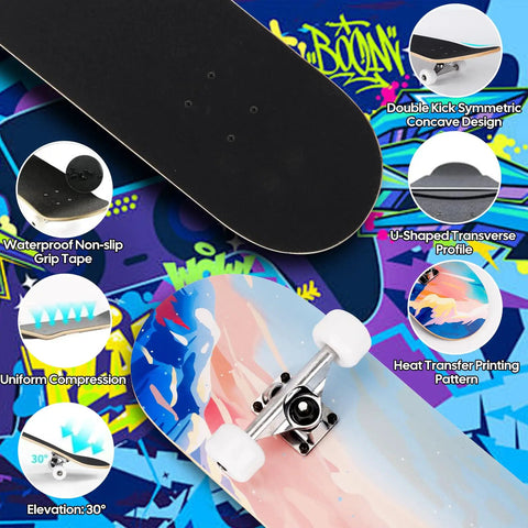 Beginner Friendly 31 Inch Pro Complete Longboard Skateboard For Riders Of All Ages Ocean Color With 7 Layer Canadian Maple Deck Double Kick Concave For Smooth Cruising And Quick Rides, showcasing features like waterproof grip tape and heat transfer printing pattern.