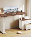 Farmhouse Electric Standing Desk 75.5 Inch With Drawers And Storage Adjustable Height Sit Stand Computer Office Desk White Walnut Color, ergonomic setup with dual monitors.