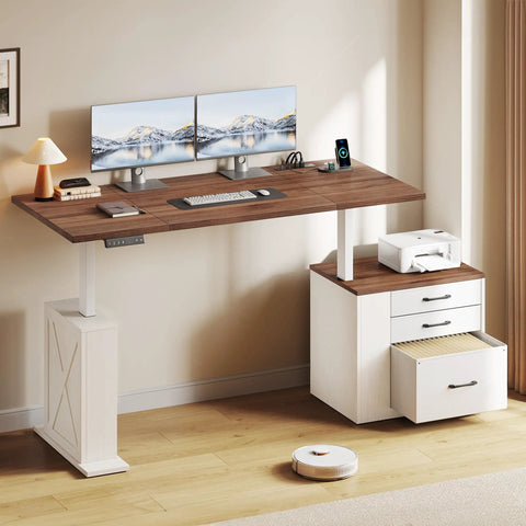 Farmhouse Electric Standing Desk 75.5 Inch With Drawers And Storage Adjustable Height Sit Stand Computer Office Desk White Walnut Color, ergonomic setup with dual monitors.