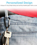 Mini Aluminum Carabiners With Nickel Key Rings attached to jeans, displaying D shape clip for outdoor use, anodized finish.