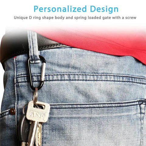 Mini Aluminum Carabiners With Nickel Key Rings attached to jeans, displaying D shape clip for outdoor use, anodized finish.
