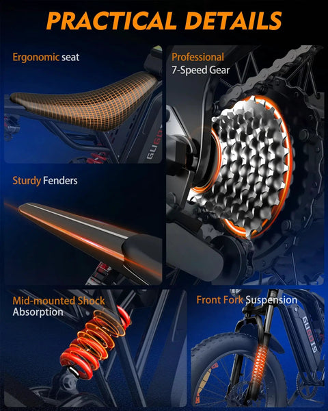 Practical details of Powerful 2500 Watt Fat Tire Electric Bike For Adults And Teens with ergonomic seat and 7-speed gear.