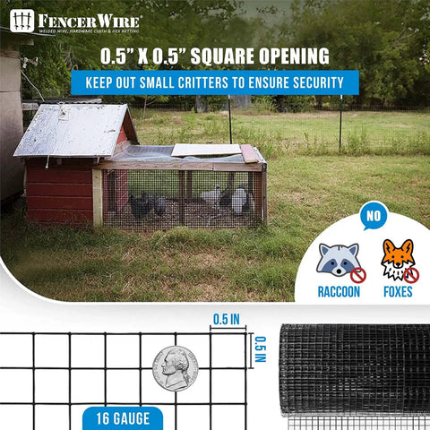 Top Shelf Vinyl Coated Hardware Cloth 16 Gauge Galvanized Steel With Half Inch Black Square Mesh Welded Yard Fence for critter-proof chicken coop.