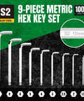 Nine-Piece Metric Allen Wrench Set With Ball End Hex Keys In S2 Steel, Includes 1.5 2 2.5 3 4 5 6 8 10 MM Sizes, graphic display
