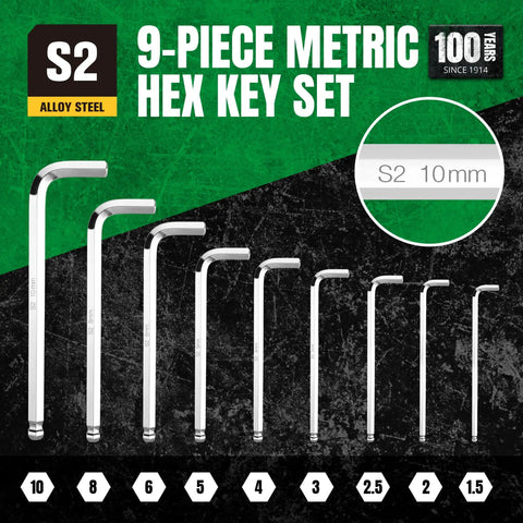 Nine-Piece Metric Allen Wrench Set With Ball End Hex Keys In S2 Steel, Includes 1.5 2 2.5 3 4 5 6 8 10 MM Sizes, graphic display
