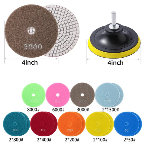 4 Inch Diamond Wet Polishing Pads Kit With Backer Pad 50 To 6000 Grit Wet And Dry Polishing For Granite Marble Stone