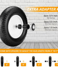 4.80 4.00 8 Inch Wheelbarrow Tire Replacement Set with Inner Tube and Adapter Kit shown with spacers for different hub lengths.