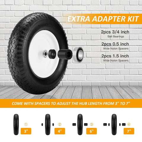 4.80 4.00 8 Inch Wheelbarrow Tire Replacement Set with Inner Tube and Adapter Kit shown with spacers for different hub lengths.