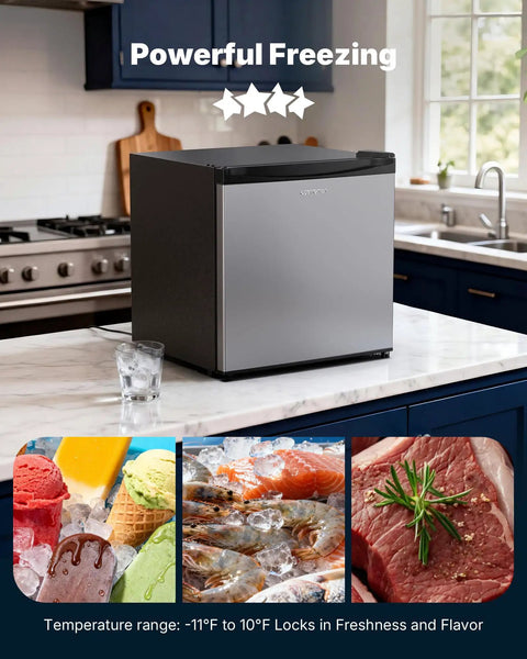 Compact Upright Freezer Delivering 1.1 Cu Ft Of Legit Cold Storage Perfect For Offices Bedrooms And Campers, shown with food items.