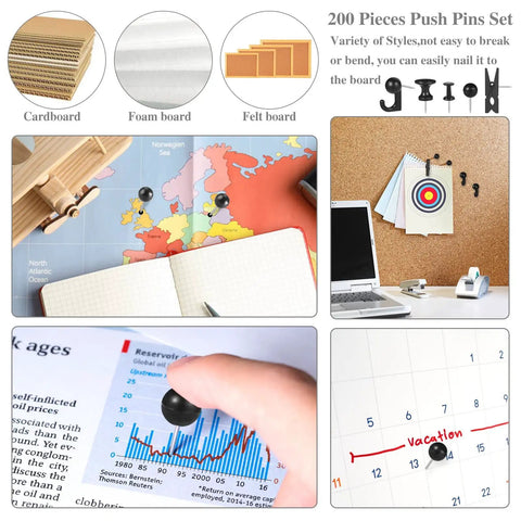 Hella Versatile 200 Pcs Push Pins And Heavy Duty Thumb Tacks For Bulletin Board Cork Wall Organizers featuring colorful push pins on maps and notes.