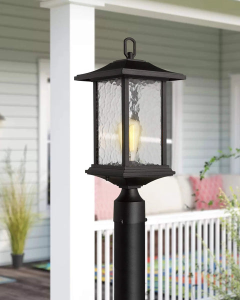 Outdoor Dusk to Dawn Post Light 21 Inch Exterior Lamp Post Lantern With Pier Mount Base Black Cast Aluminum And Water Glass