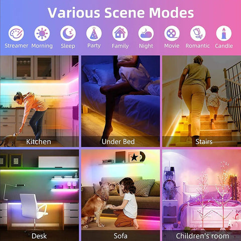 Battery Powered LED Strip Lights Kit 2 Pack 6.56Ft Each With Remote Control 24 Keys illustrating various scene modes
