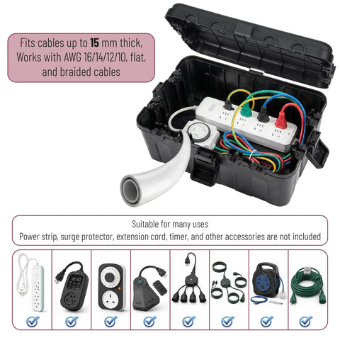 Large Outdoor Electrical Box Waterproof Weatherproof Enclosure Black For Protecting Extension Cords Plugs Sockets Timers And Power Strips Made From Heavy Duty Plastic Measures 12.5 By 8.5 By 5 Inches open with power strip and timer