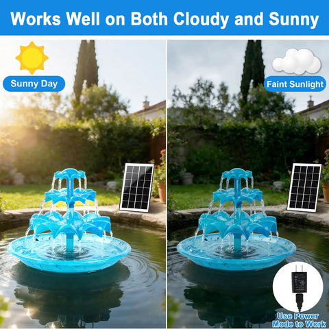 Sun Powered 3 Tier Solar Fountain Pump With LED Lights works on sunny and cloudy days in garden patio yard
