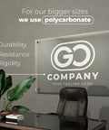 Floating Custom Acrylic Business Sign With Your Logo on office wall, displaying company name and durability benefits.