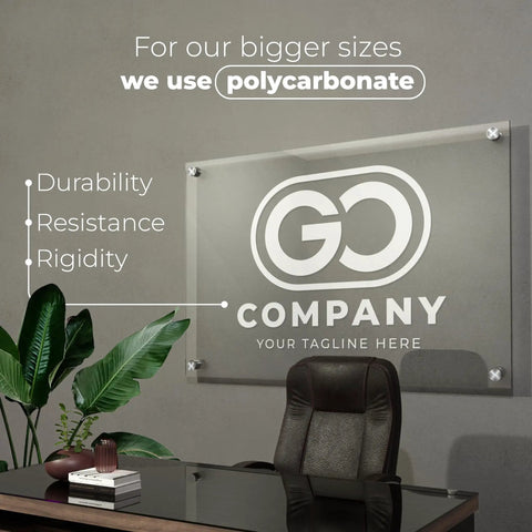 Floating Custom Acrylic Business Sign With Your Logo on office wall, displaying company name and durability benefits.